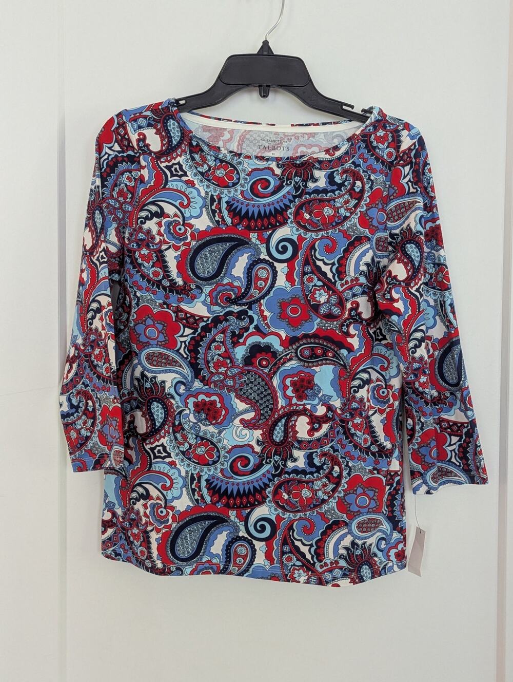 Talbots The Talbots Tee Women M Red Blue Paisley 3/4 Sleeve Cotton Stretch NWT
